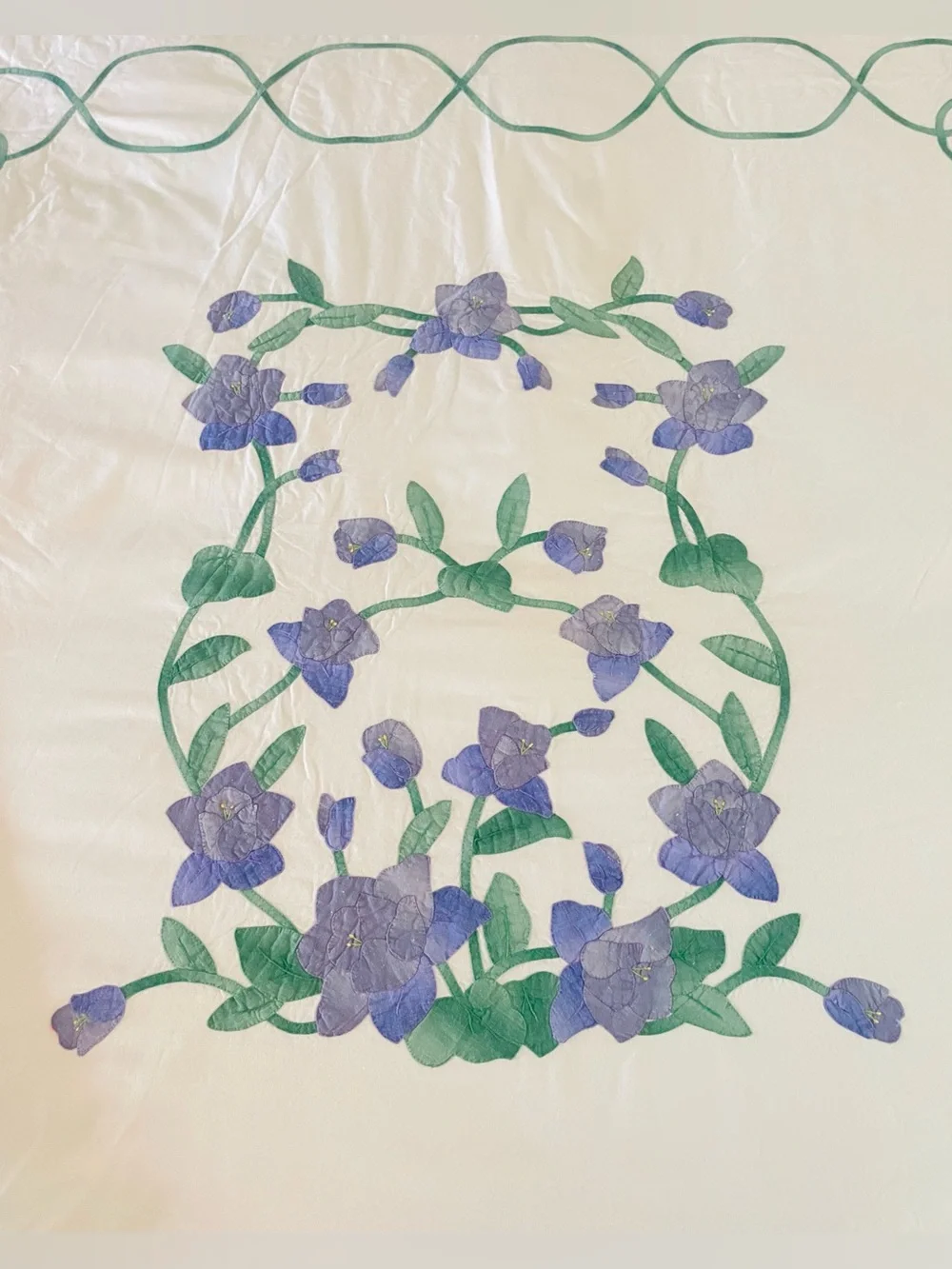 Vintage Duvet Sham Bedskirt Set Purple Iris Appliqué w Green Trellis Twin Sz